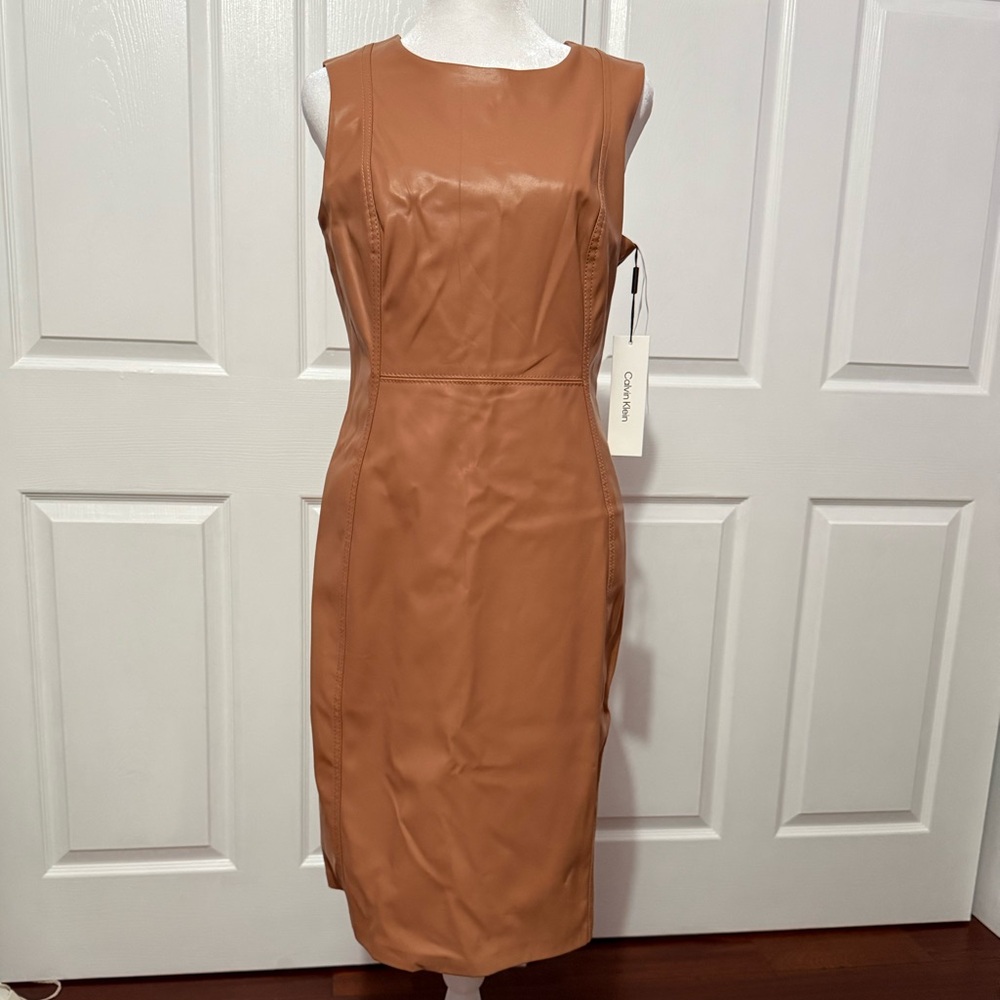 Calvin Klein Tan Faux Leather Midi Dress